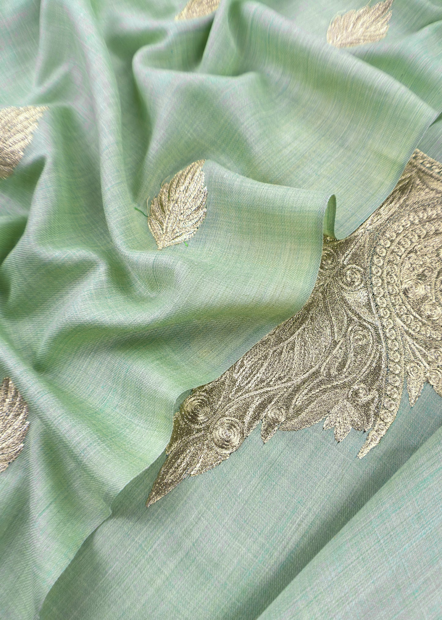 Pastel Green Woolen Unstitched Suit With Aari Zari Embroidery