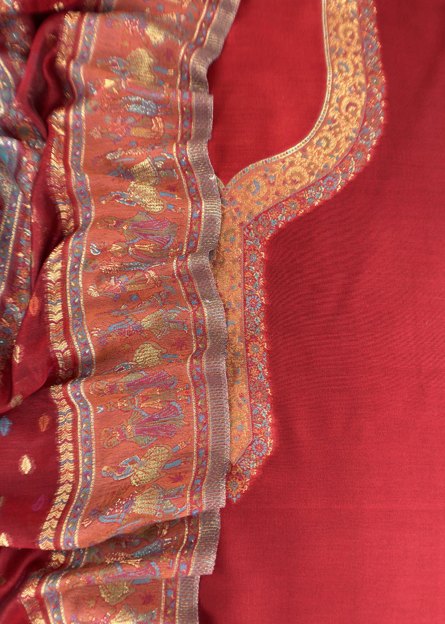 Red And Orange Handloom Silk Suit With Kani Zari Weaving
