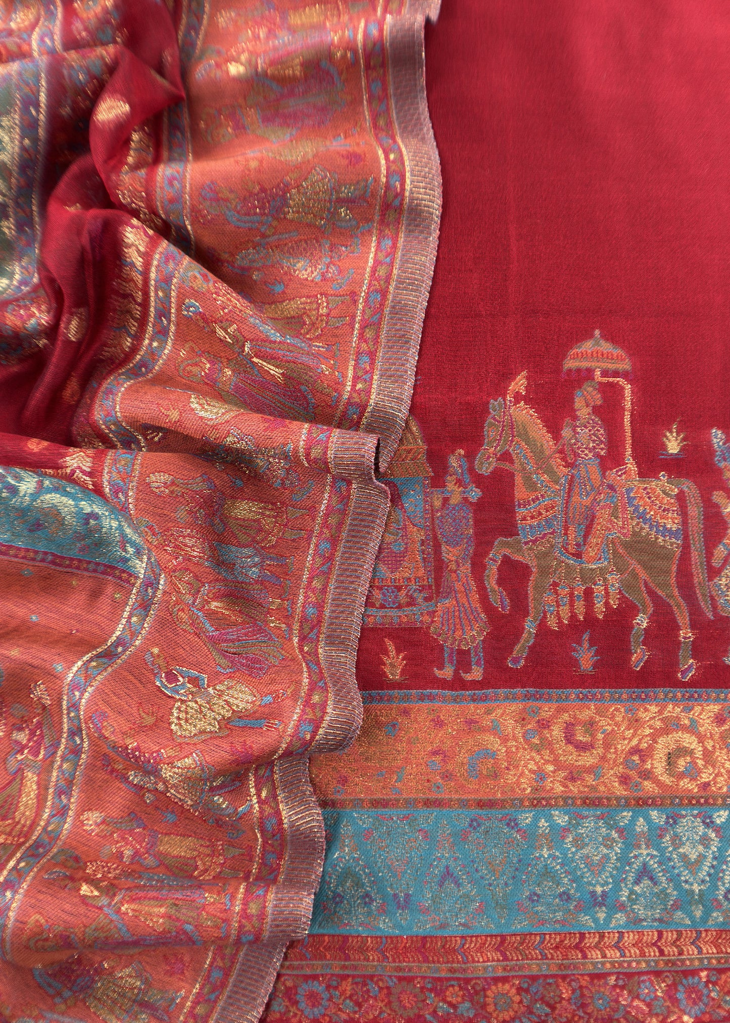 Red And Orange Handloom Silk Suit With Kani Zari Weaving