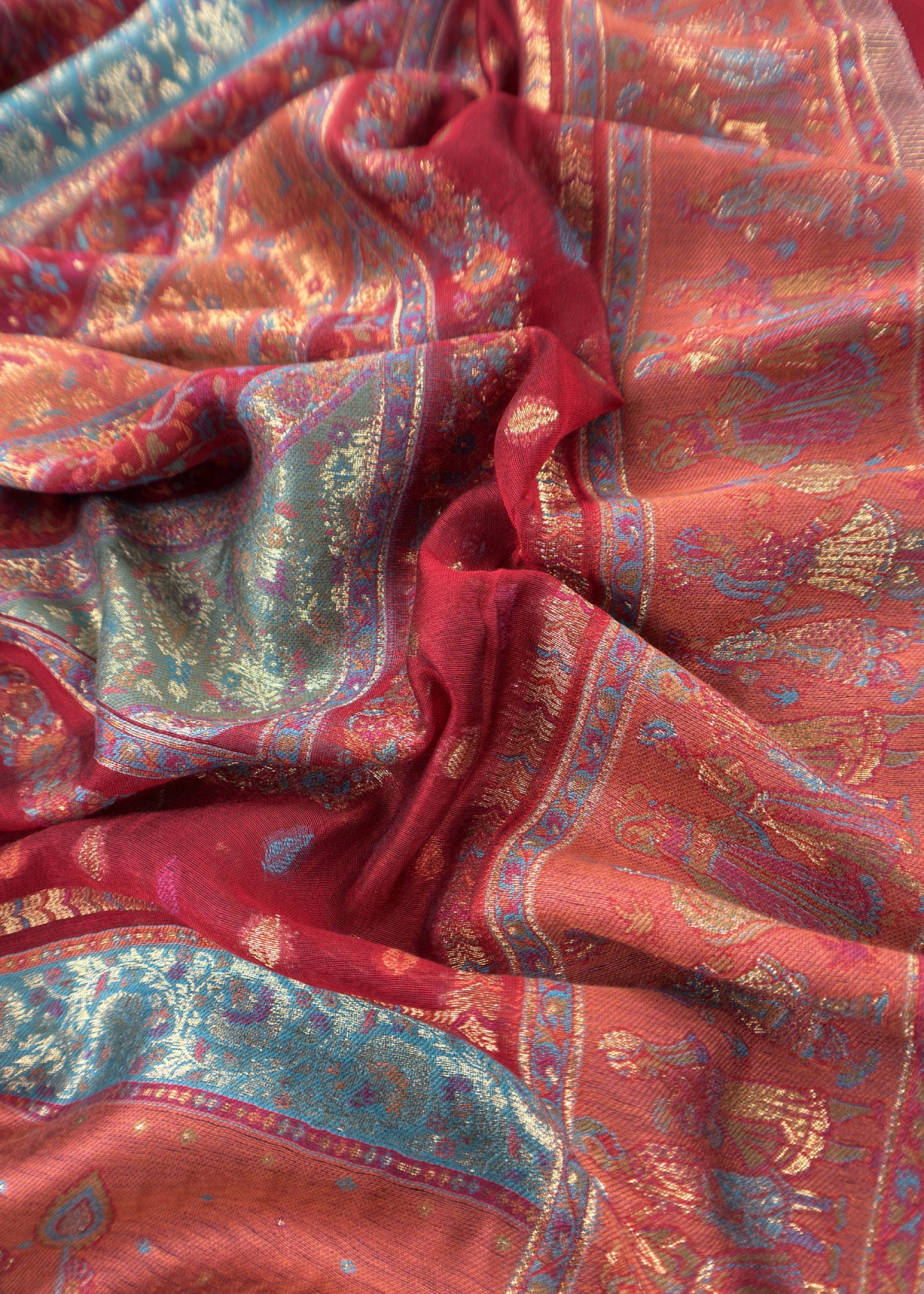 Red And Orange Handloom Silk Suit With Kani Zari Weaving