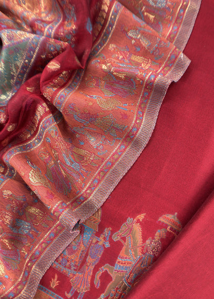 Red And Orange Handloom Silk Suit With Kani Zari Weaving