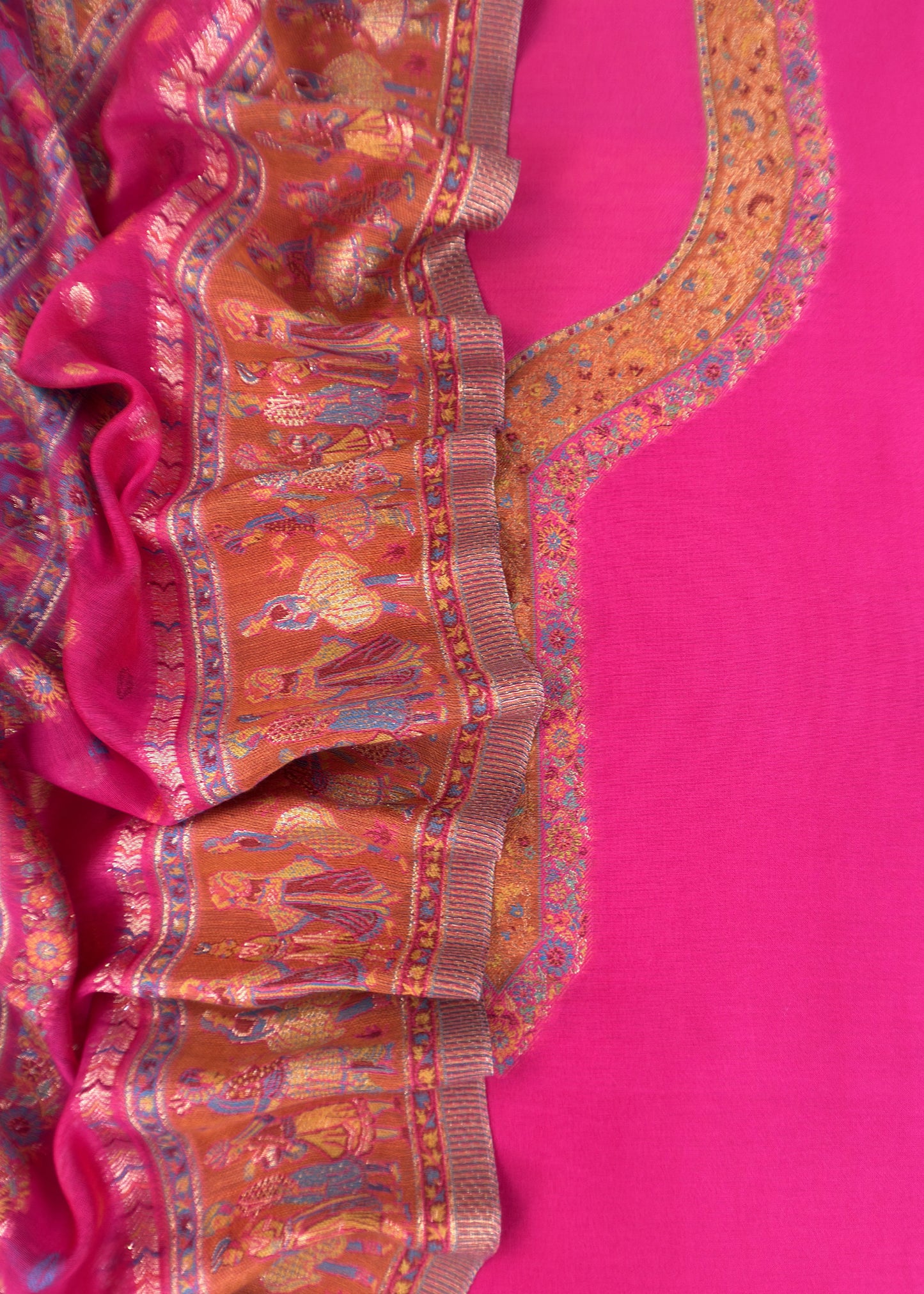 Pink And Orange Handloom Silk Suit With Kani Zari Weaving