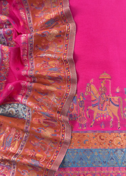 Pink And Orange Handloom Silk Suit With Kani Zari Weaving