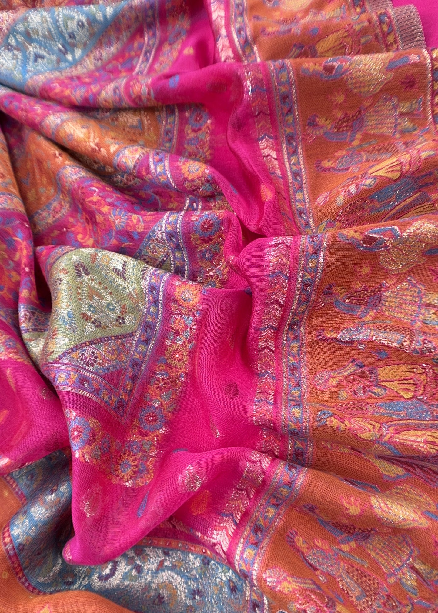 Pink And Orange Handloom Silk Suit With Kani Zari Weaving
