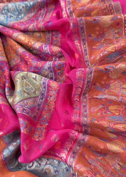 Pink And Orange Handloom Silk Suit With Kani Zari Weaving
