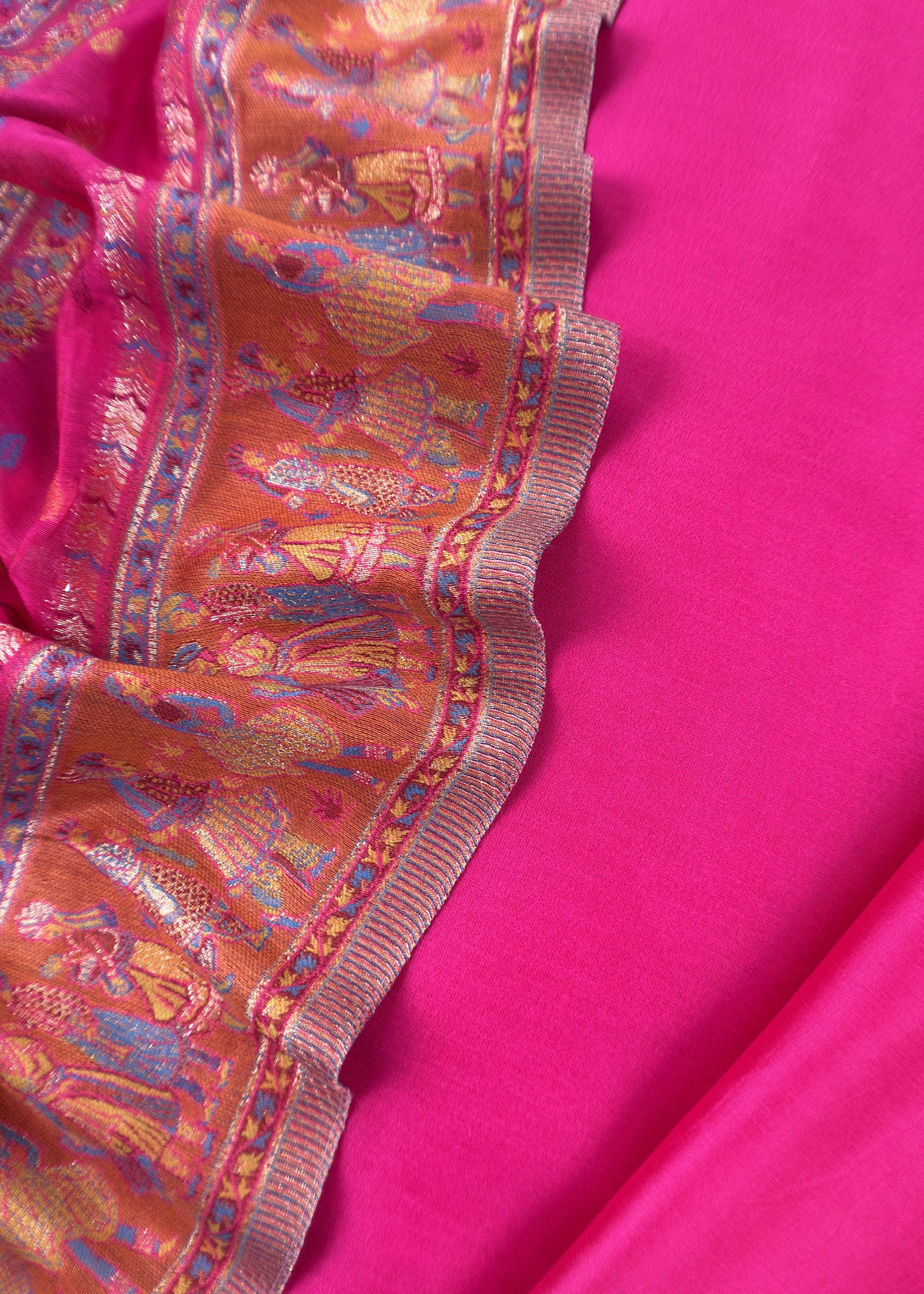 Pink And Orange Handloom Silk Suit With Kani Zari Weaving