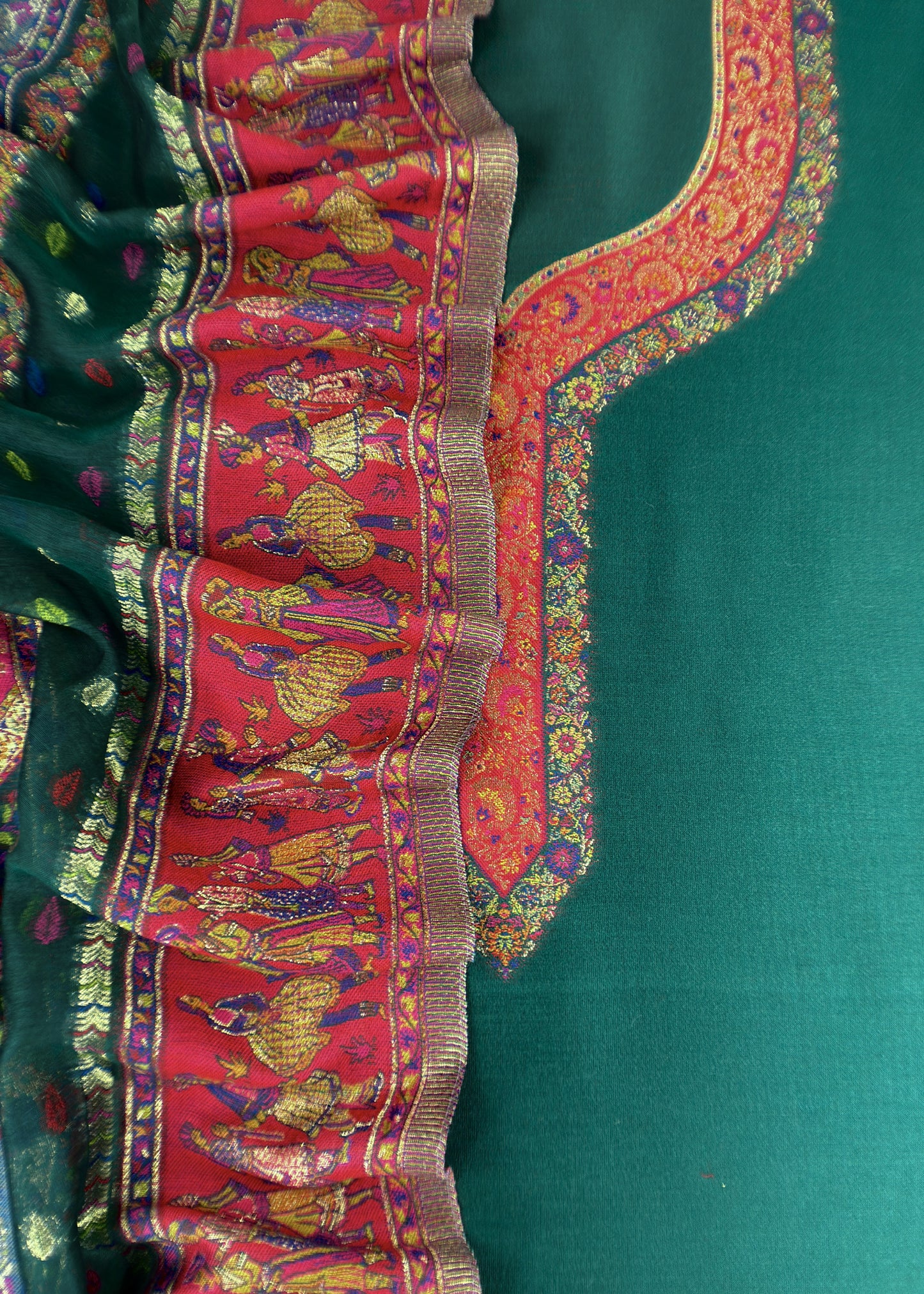 Green and Red Handloom Silk Suit With Kani Zari Weaving