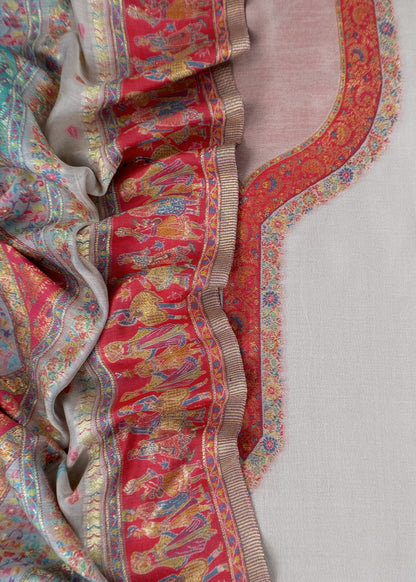 White And Red Handloom Silk Suit With Kani Zari Weaving