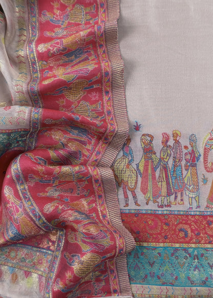 White And Red Handloom Silk Suit With Kani Zari Weaving