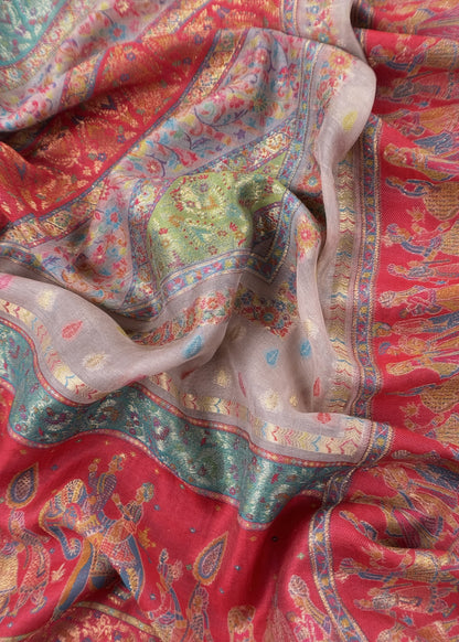 White And Red Handloom Silk Suit With Kani Zari Weaving