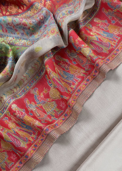 White And Red Handloom Silk Suit With Kani Zari Weaving