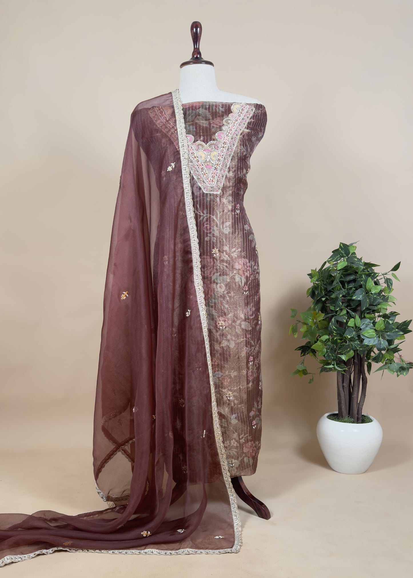 Brown Hand-Brushed Kora Silk Suit With Zardozi Handwork