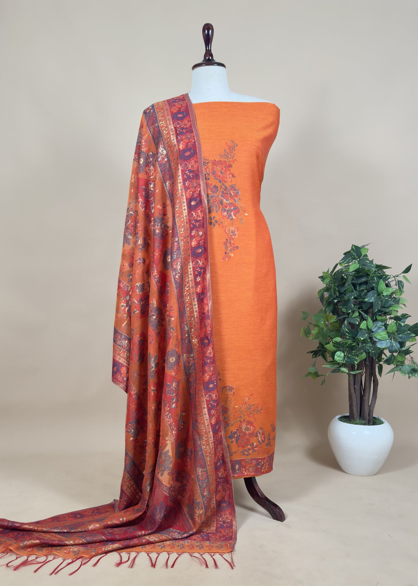 Orange Kani Zari Silk Unstitched Suit Set