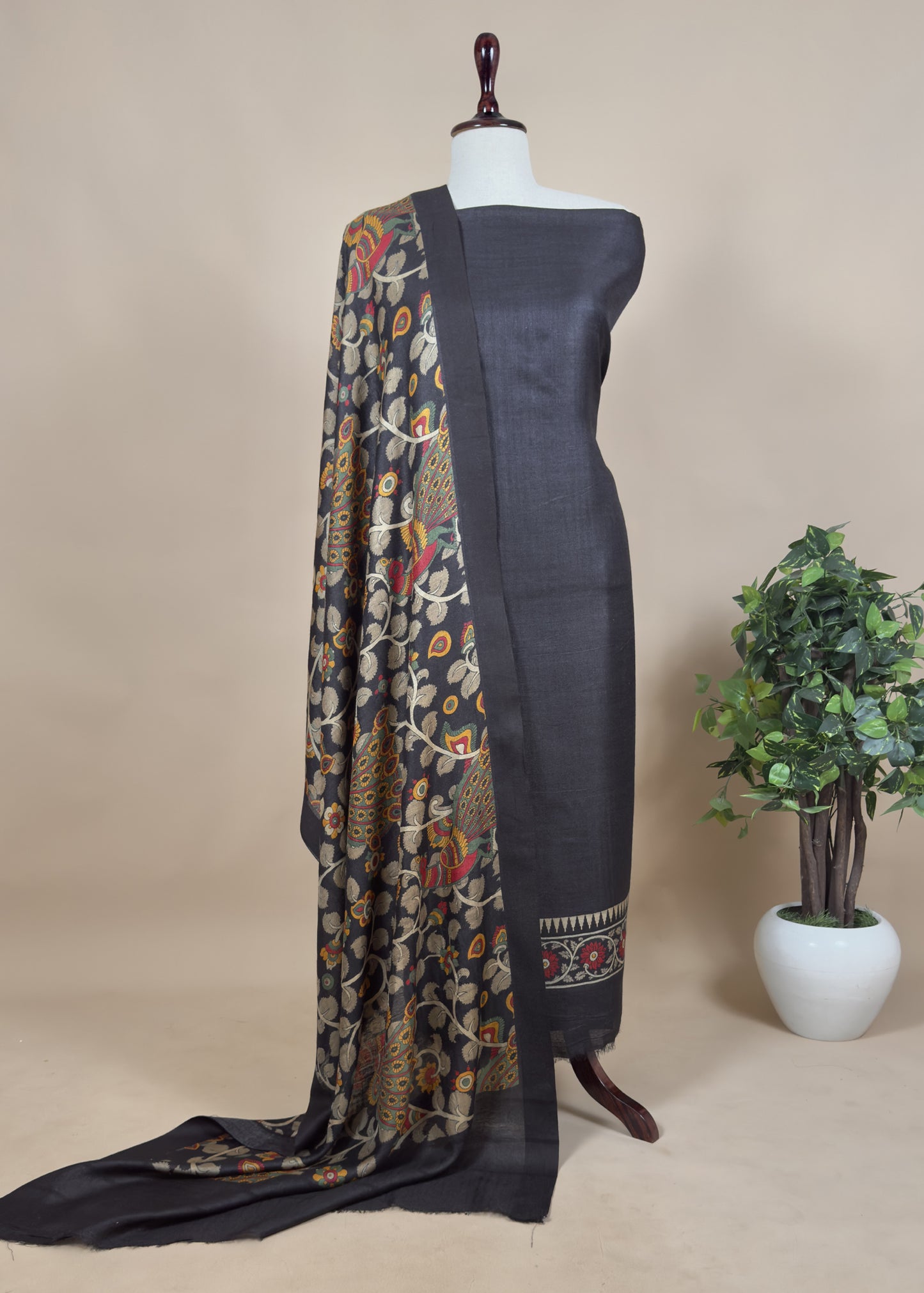 Black Pure Pashmina Unstitched Suits With Kalamkari Dupatta