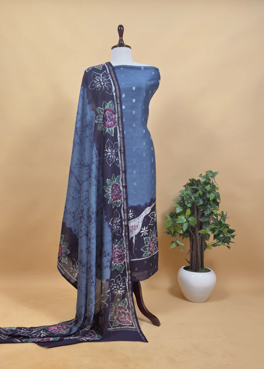 Blue Handpainted Hans and flowers Maheshwari Silk Suit With Banarasi Bootis