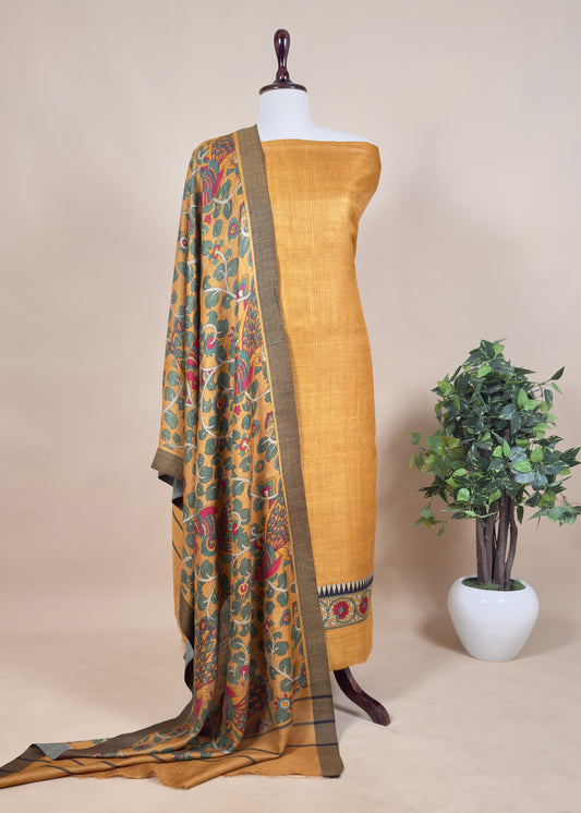 Yellow Pure Pashmina Unstitched Suits With Kalamkari Dupatta