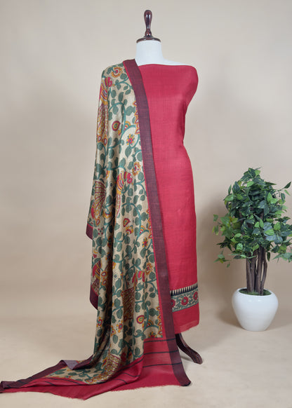 Blue Pure Pashmina Unstitched Suits With Kalamkari Dupatta