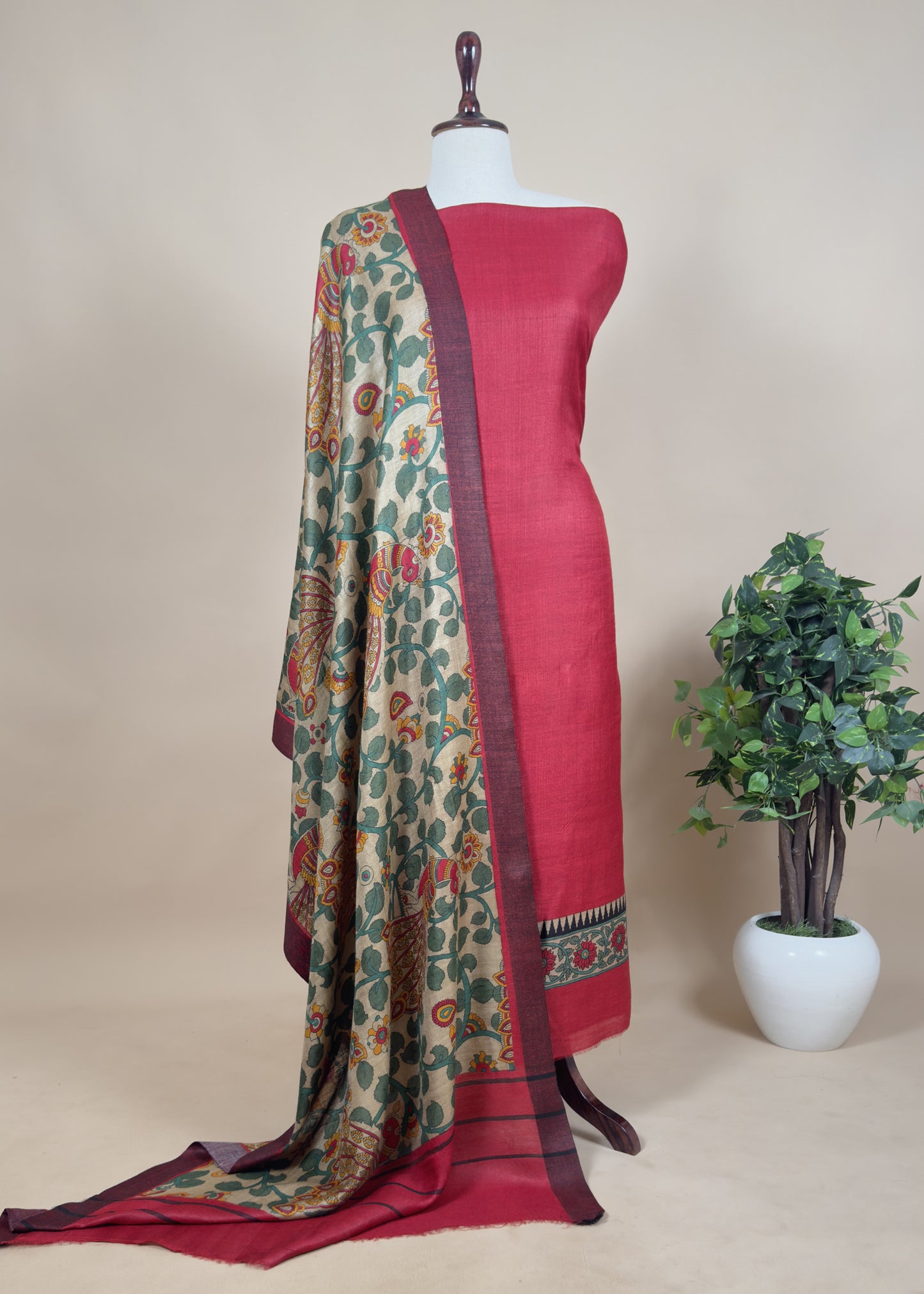 Red Pure Pashmina Unstitched Suits With Kalamkari Dupatta