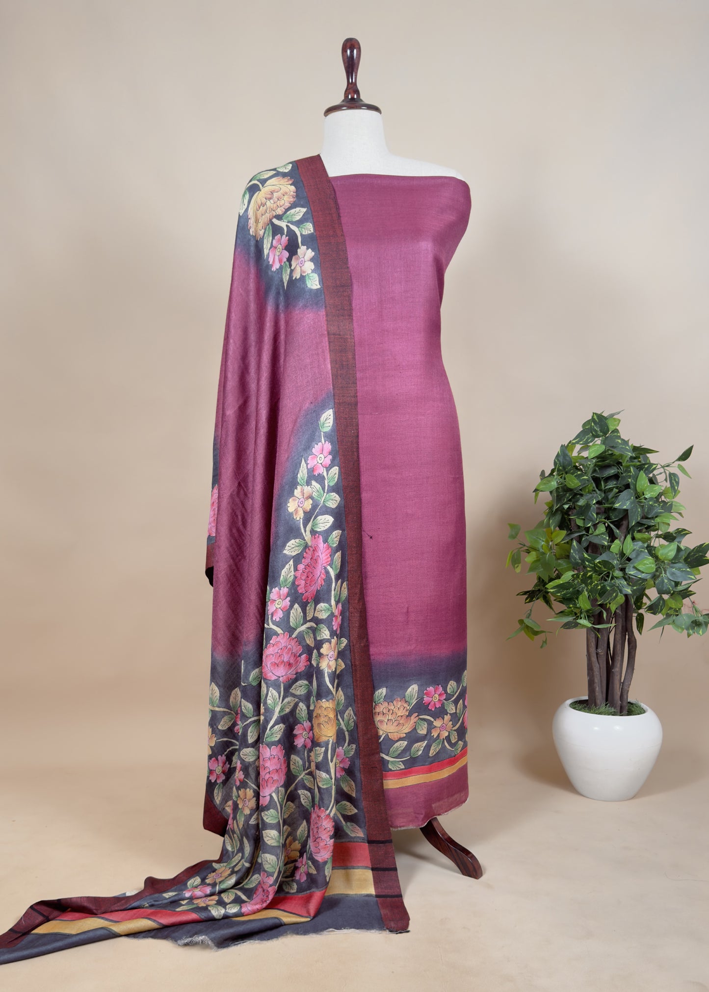 Brown Handloom Pashmina Suit With Hand Painted Kalamakari