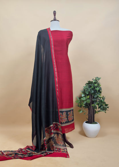 Burgundy Wine Pure Maheshwari Silk Natraj Kalamkari Unstitched Suit Fabric