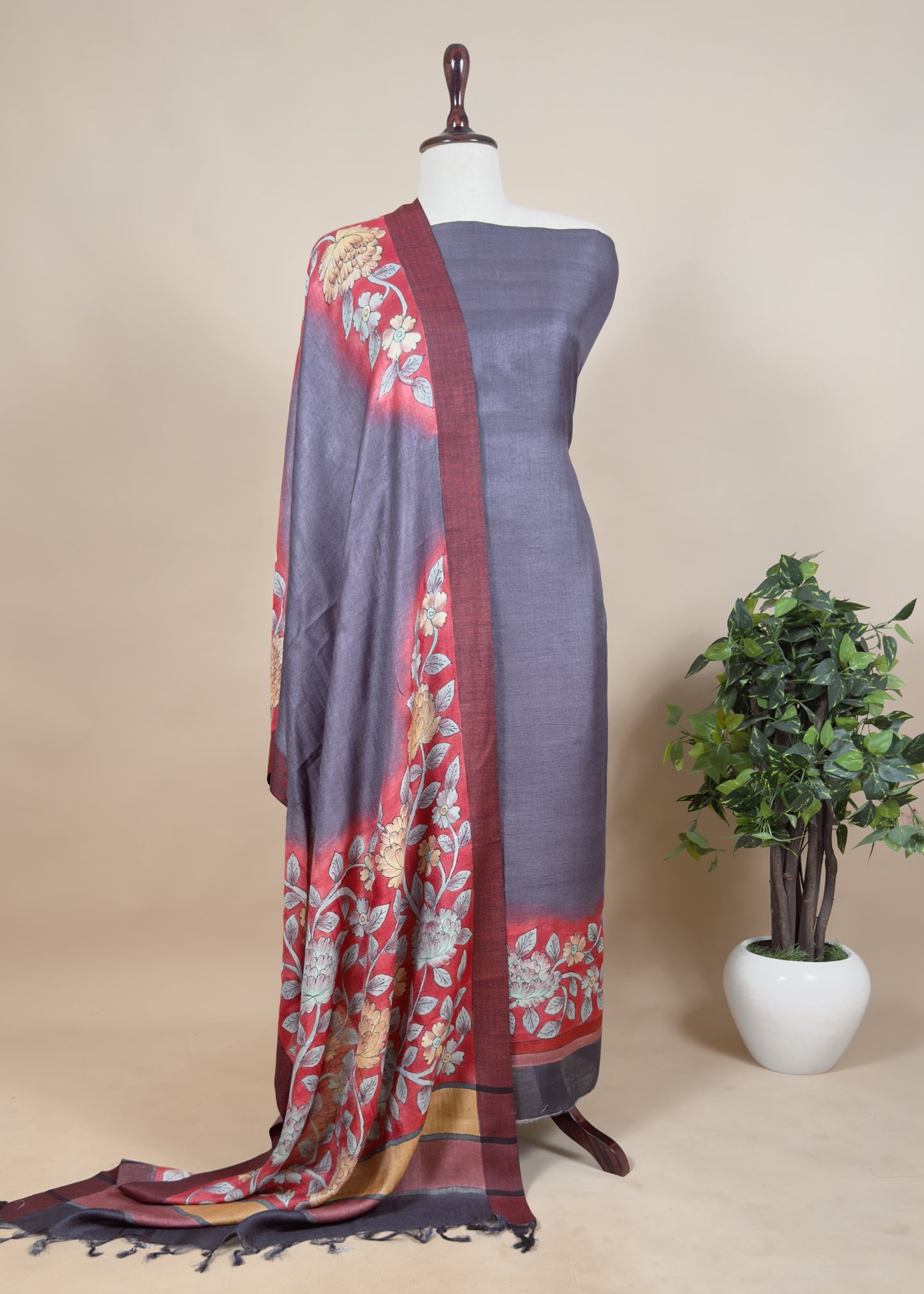 Pure Unstitched Pashmina Suit Hand-Painted Kalamkari Pashmina Dupatta