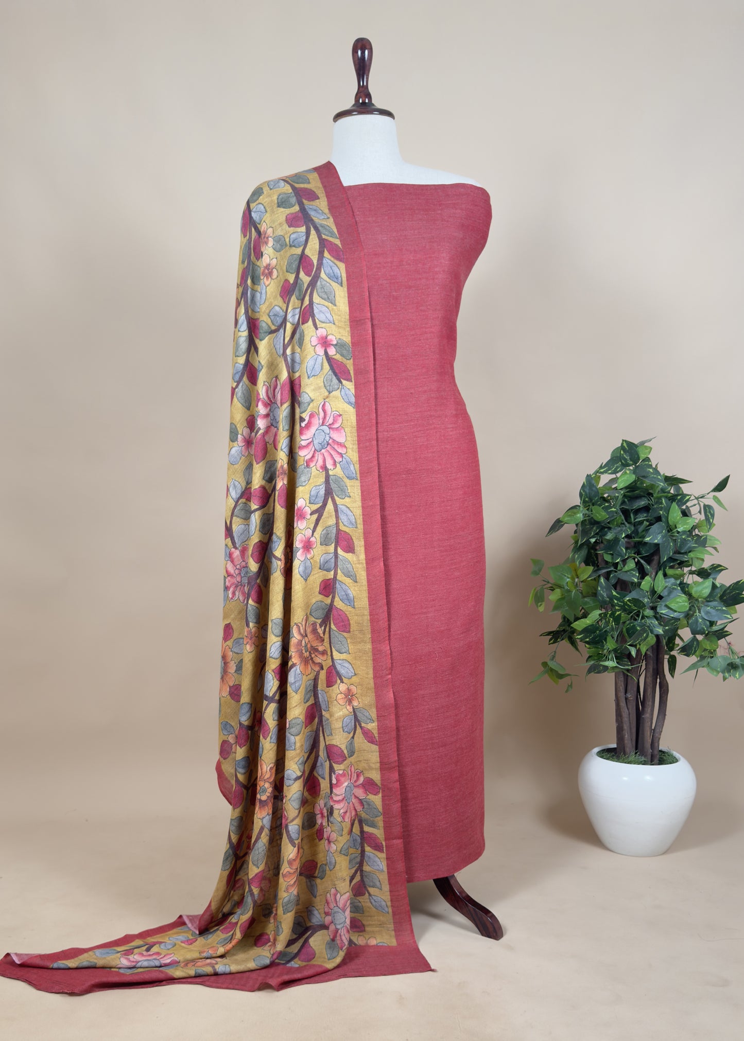 Unstitched Pashmina Suit Kalamkari Pashmina Dupatta