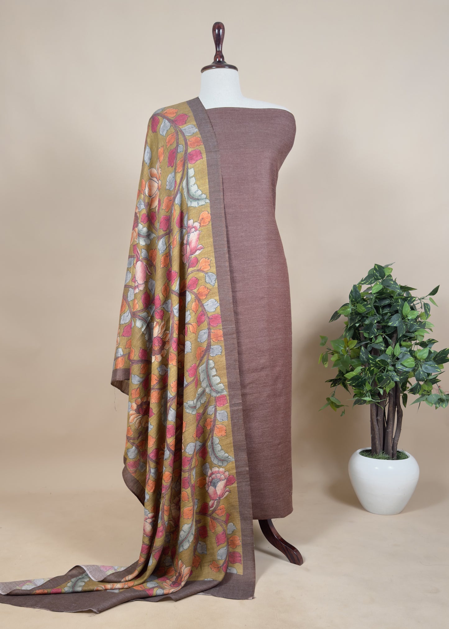 Pure Unstitched Pashmina Suit Kalamkari Pashmina Dupatta