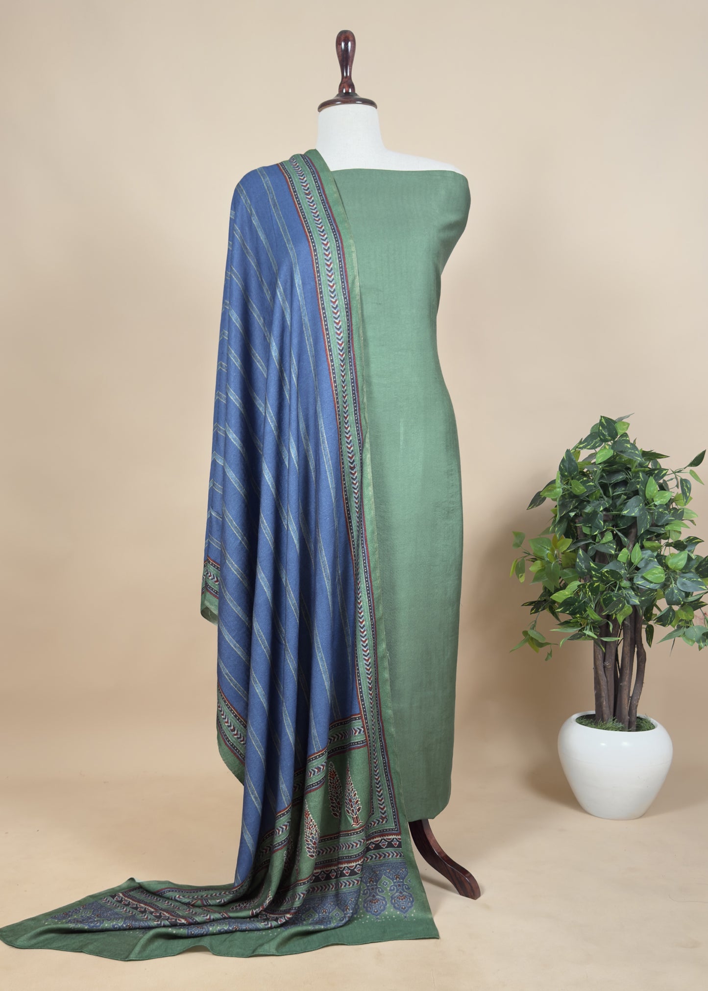 Green Pashmina Suit With Digital Print Dupatta