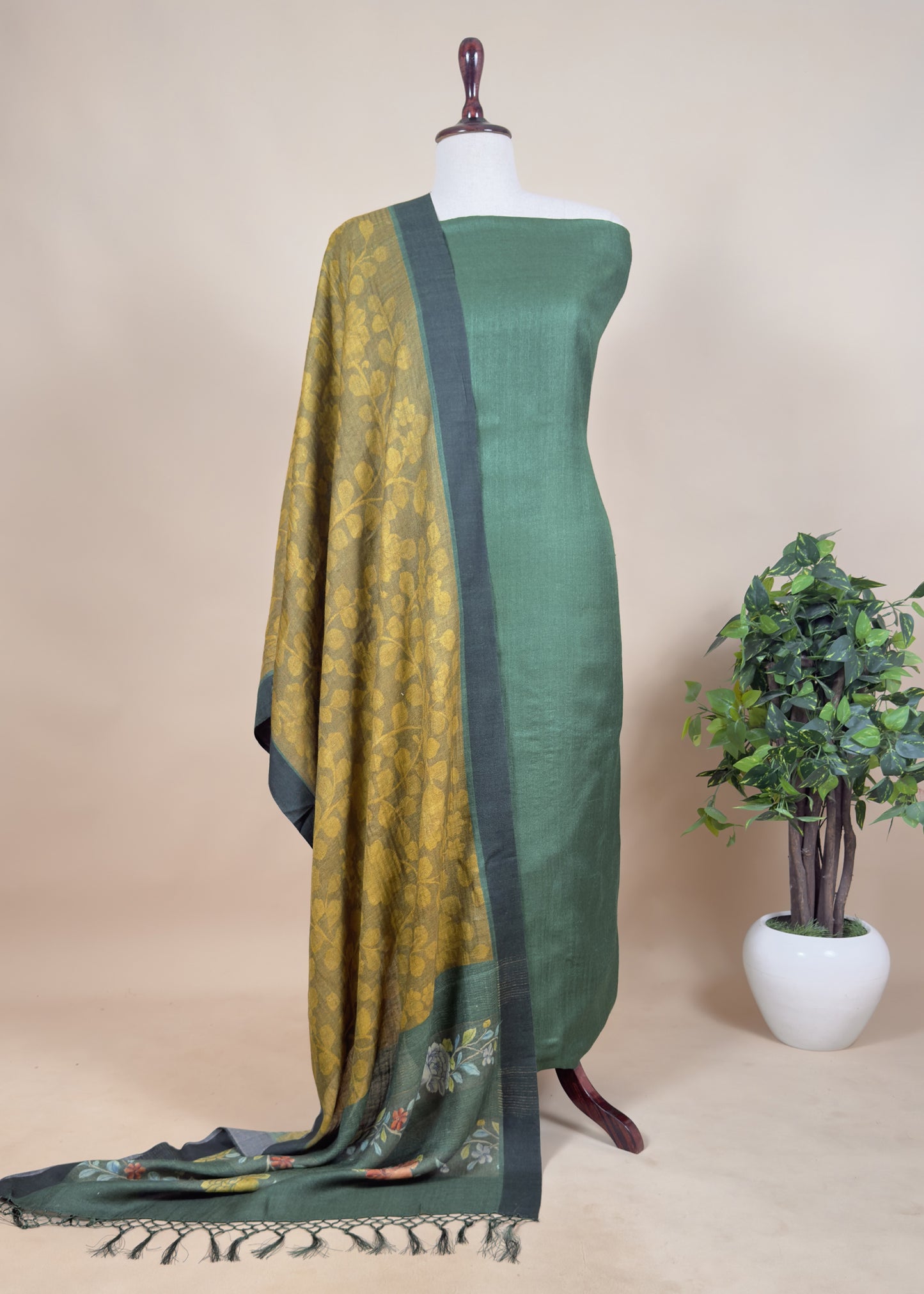 Green Pure Pashmina Unstitched Suits With Kalamkari Dupatta