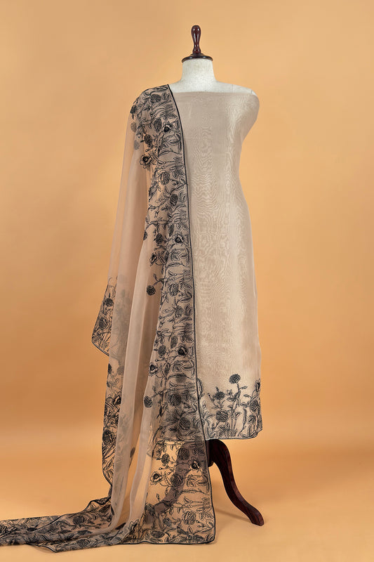 Heather Beige Handloom Intricate Embroidered Kora Silk Unstitched Suit With Dupatta