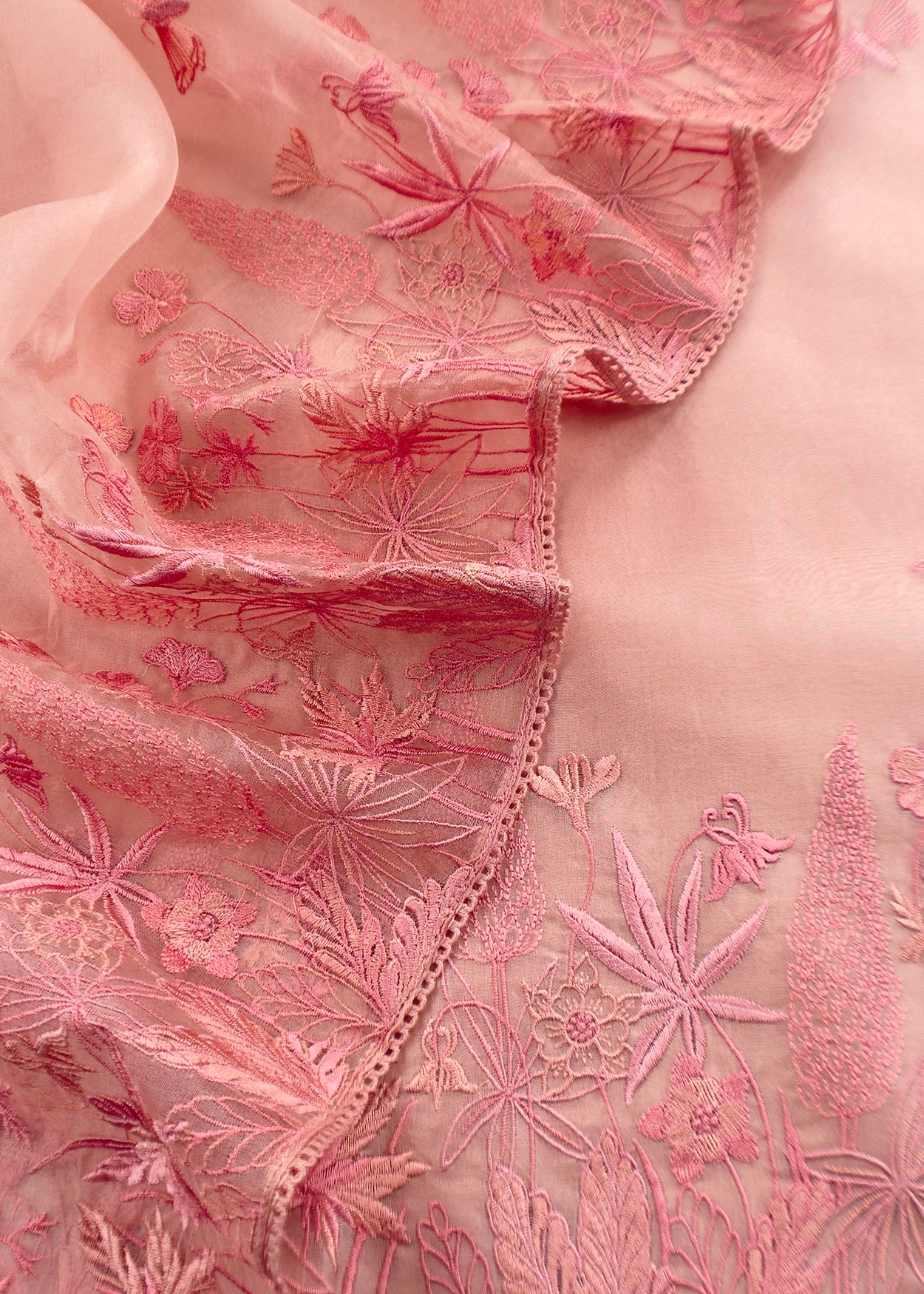 Baby Pink Luxe Swamp Green Pure Kora Silk Suit With Palm Trees Embroidery