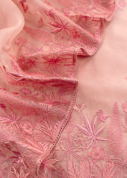 Baby Pink Luxe Swamp Green Pure Kora Silk Suit With Palm Trees Embroidery