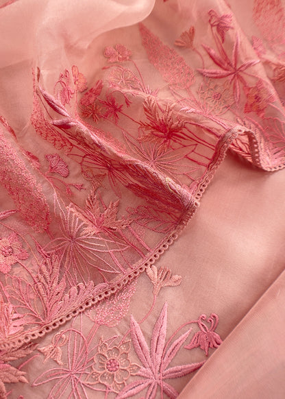 Baby Pink Luxe Swamp Green Pure Kora Silk Suit With Palm Trees Embroidery
