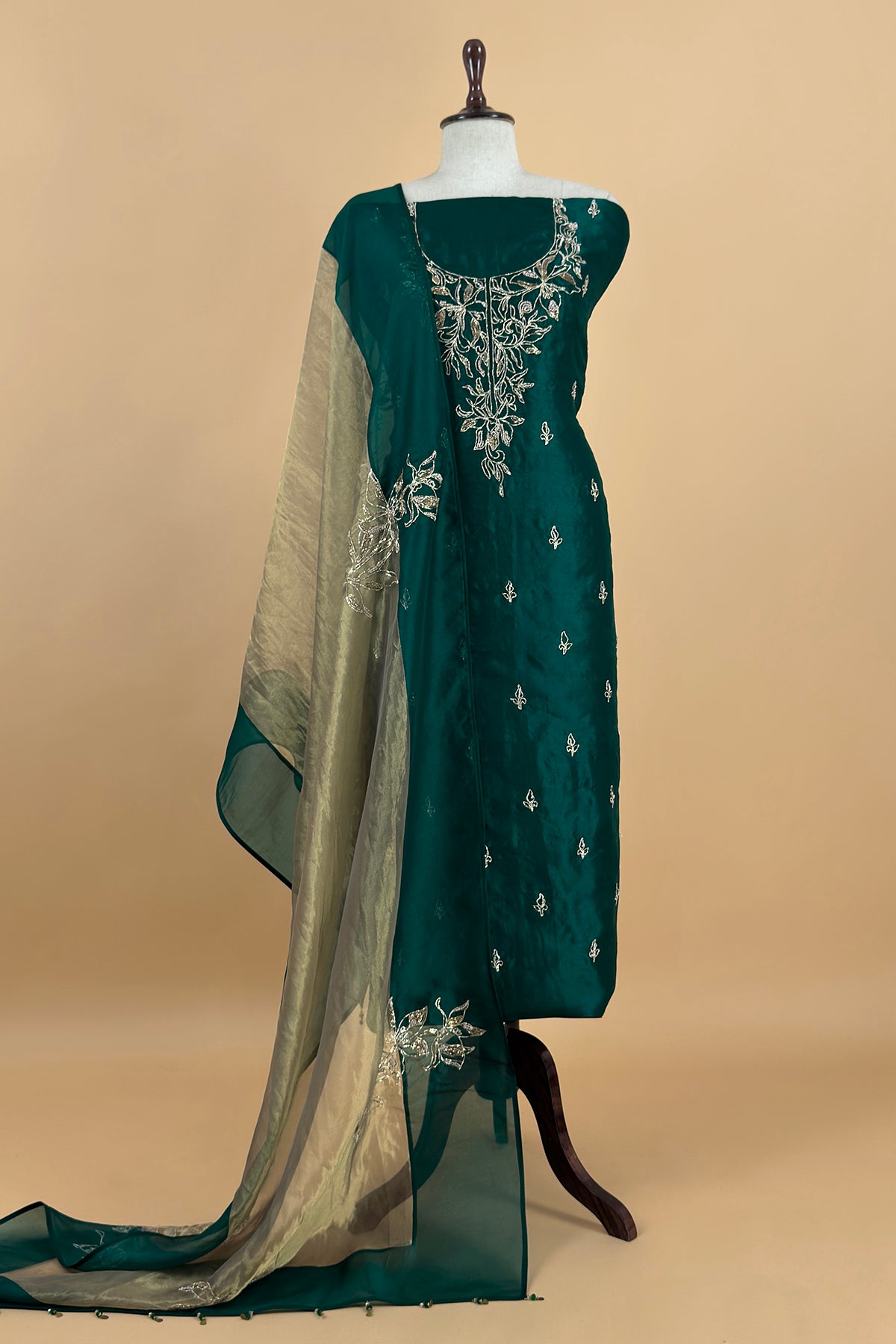Bottle Green Handloom Kora Silk Suit With Pitta Embroidery