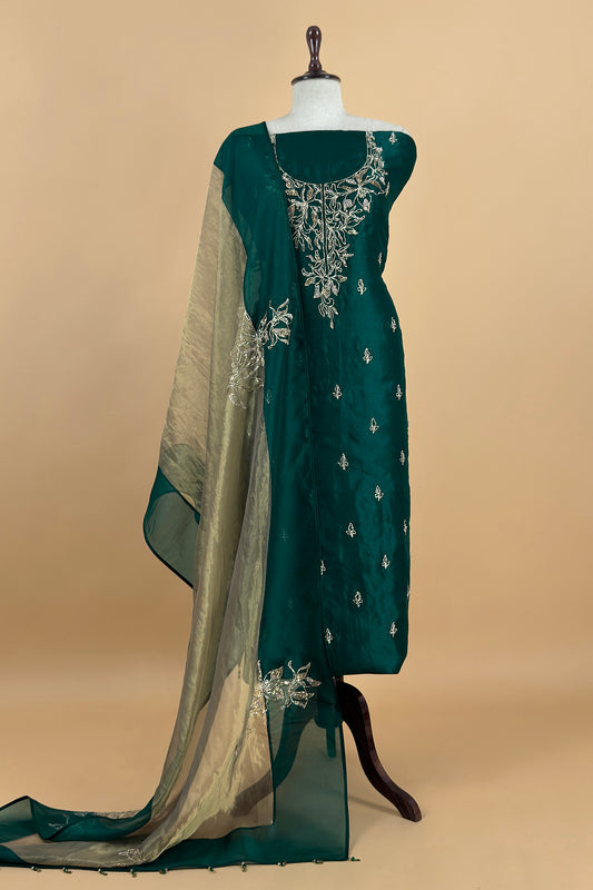Bottle Green Handloom Kora Silk Suit With Pitta Embroidery