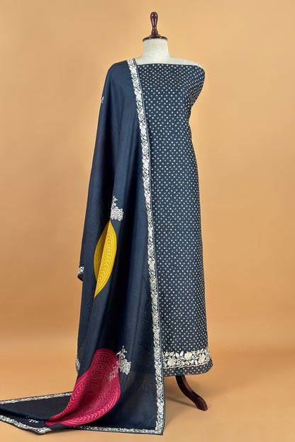 Navy Blue Pure Handwoven Silk Suit With Tussar Bandhani Dupatta