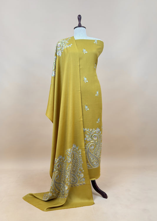 Maize Yellow Pure Merino Wool With Beautiful Aari Embroidery