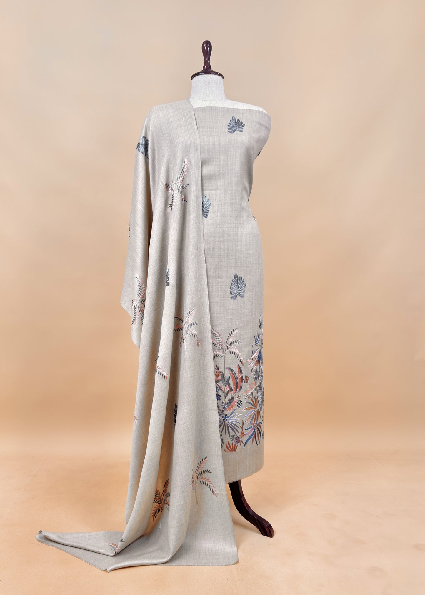 Beige Unstitched Woolen Suit With Aari Embroidery work