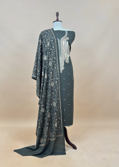 Bottle Green Merino Wool Unstitched Suit in Aari Embroidery