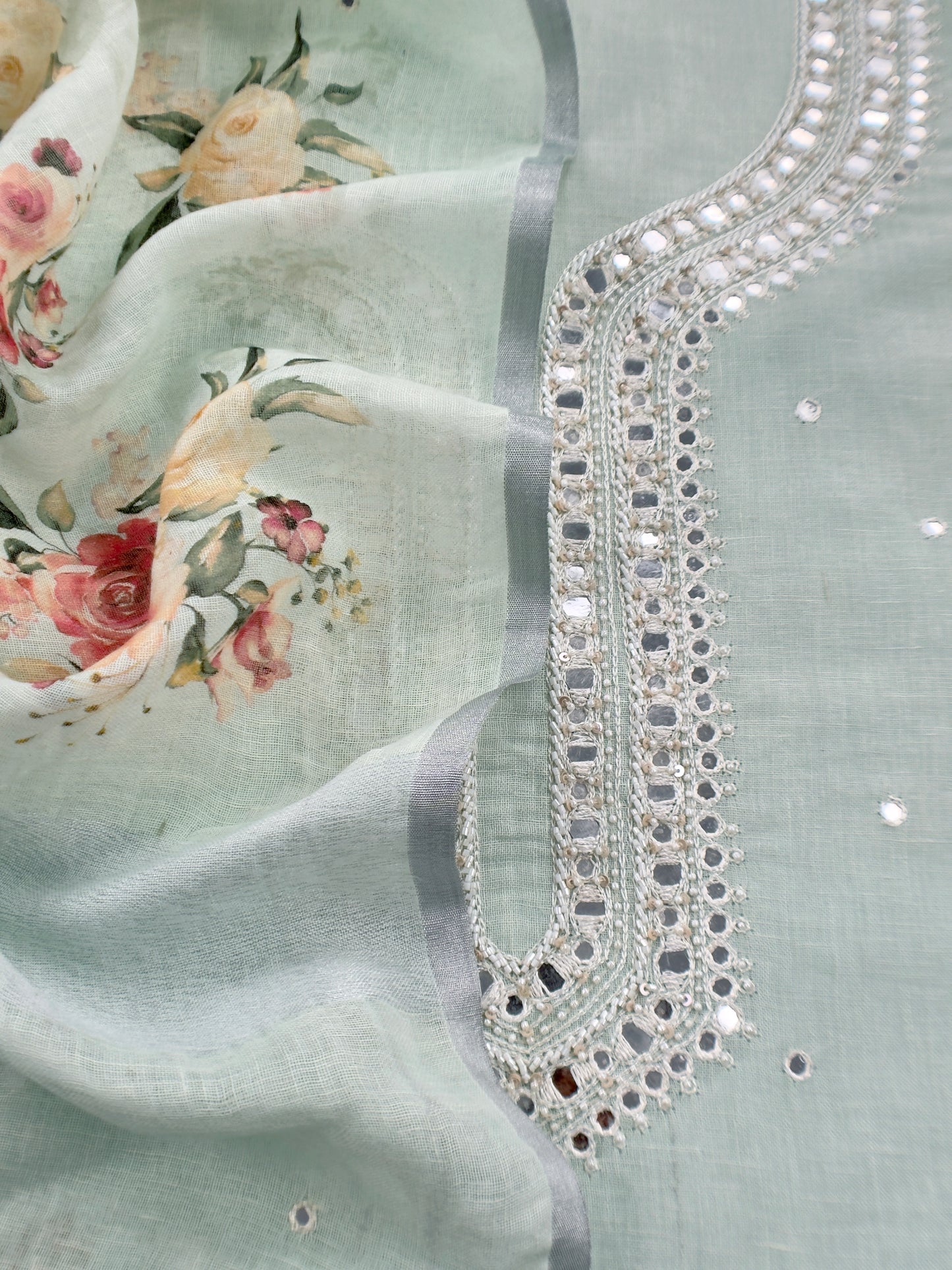 linen unstitched suit with hand embroidery

