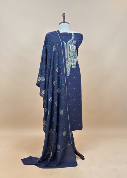 Bottle Green Merino Wool Unstitched Suit in Aari Embroidery