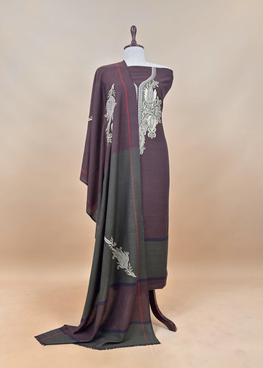Brown Merino Wool Unstitched Suit in Aari Embroidery