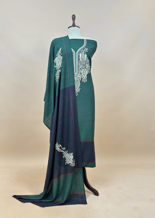 Turquoise Merino Wool Unstitched Suit in Aari Embroidery