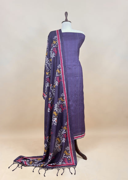 Blue Patola Handloom Munga Tussar Suit Fabric With Kantha Stitch Embroidery