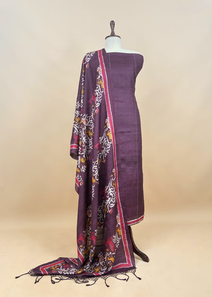 Blue Patola Handloom Munga Tussar Suit Fabric With Kantha Stitch Embroidery