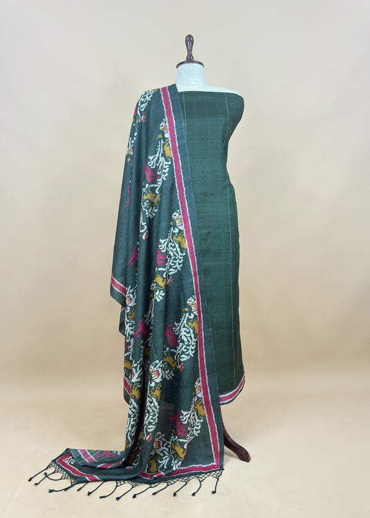 Dark Green Patola Handloom Munga Tussar Suit Fabric With Kantha Stitch Embroidery