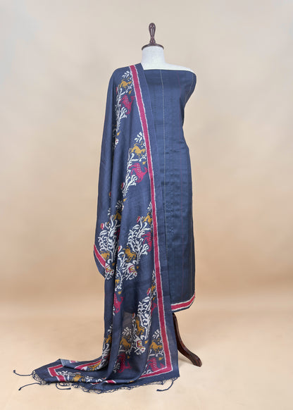 Blue Patola Handloom Munga Tussar Suit Fabric With Kantha Stitch Embroidery