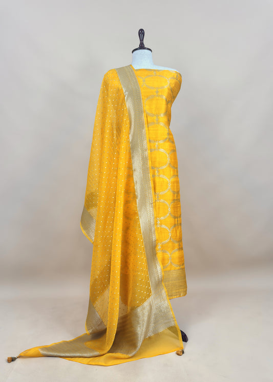 Yellow Pure Varanasi Silk Kurta And Kora Silk Dupatta With Cutwork Zari Weaving