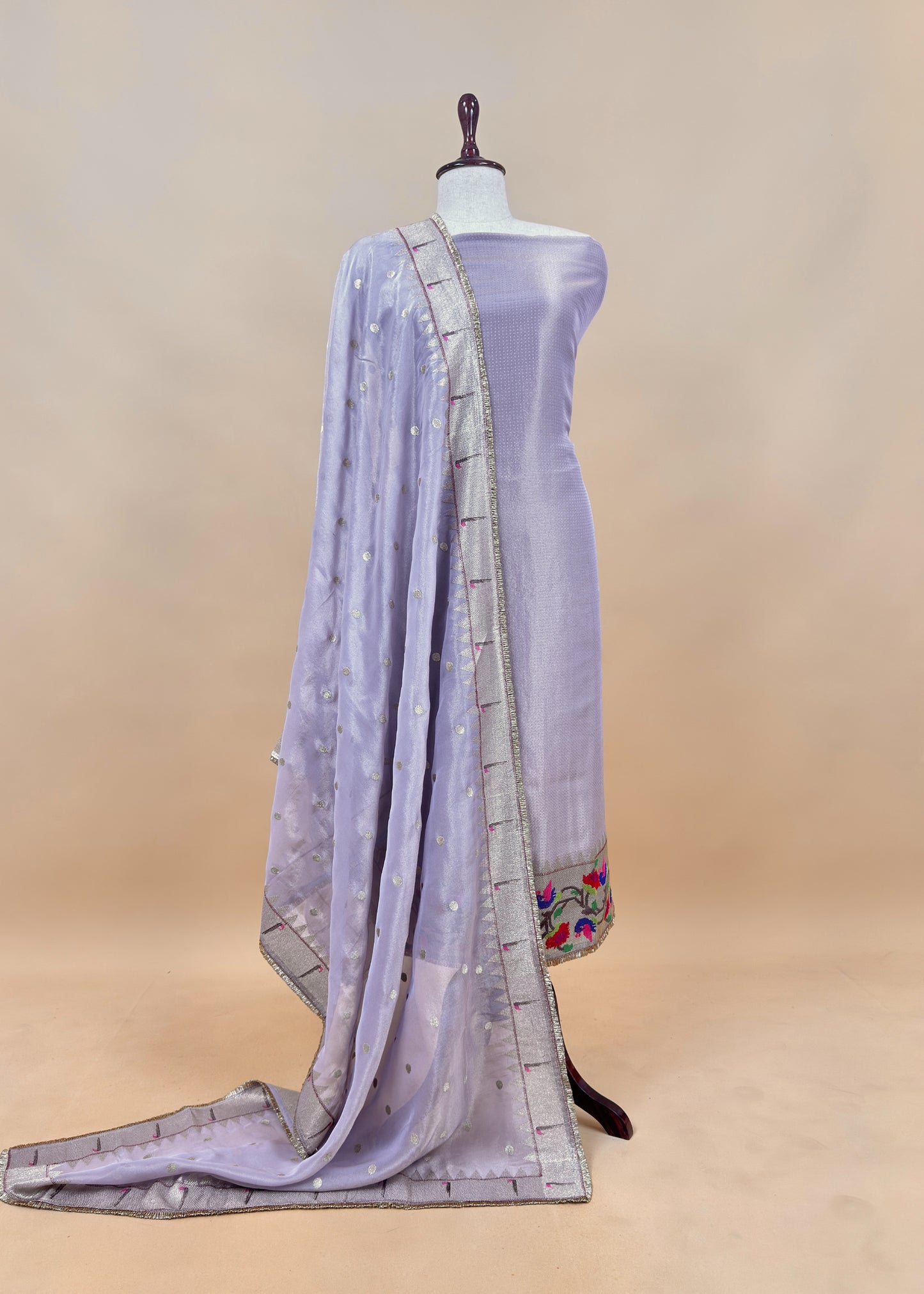 Luxe la Handloom Self Tissue Silk Suit Fabric With Paithani Weaving And Jhalar Gota Laces