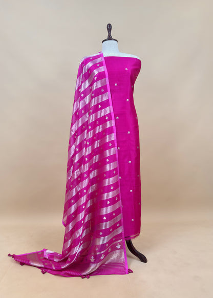 Rani Pink Handloom Banarasi Silk Kurta And Kora Silk Dupatta with Sonarupa Kadwa Weaving